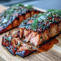 Juicy cedar plank salmon with smoky maple Dijon glaze, grilled to perfection.