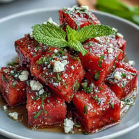 Juicy watermelon chili lime salad with mint, ready to serve with feta.
